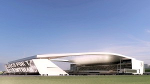 Der futuristische Neubau der Arena Corinthians in São Paulo: Die Fassade ziert das größte LED-Panel, das weltweit in einem Stadion eingesetzt wird. Bild: Osram